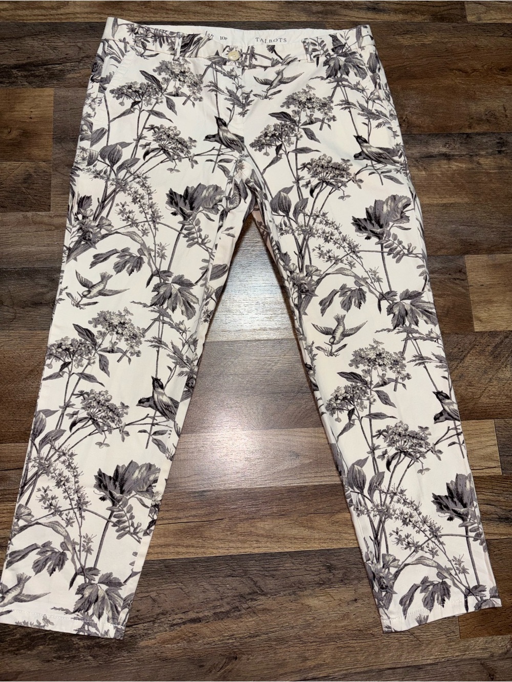 Talbots Cream Ankle Pants with Black Botanical & Bird Print